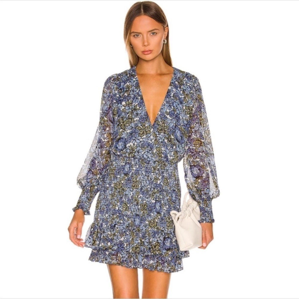 Veronica Beard Saera Floral Smocked Mini Dress Blue and White Size 00 NWT